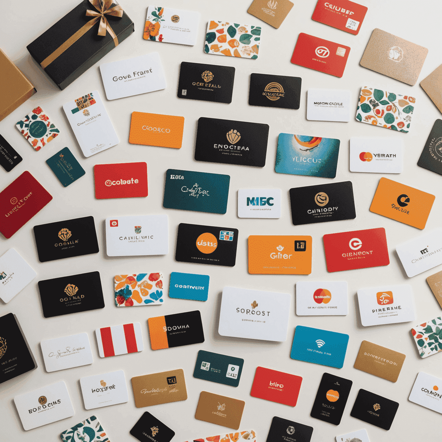 A collection of various gift cards spread out on a white surface, showcasing different designs and brands