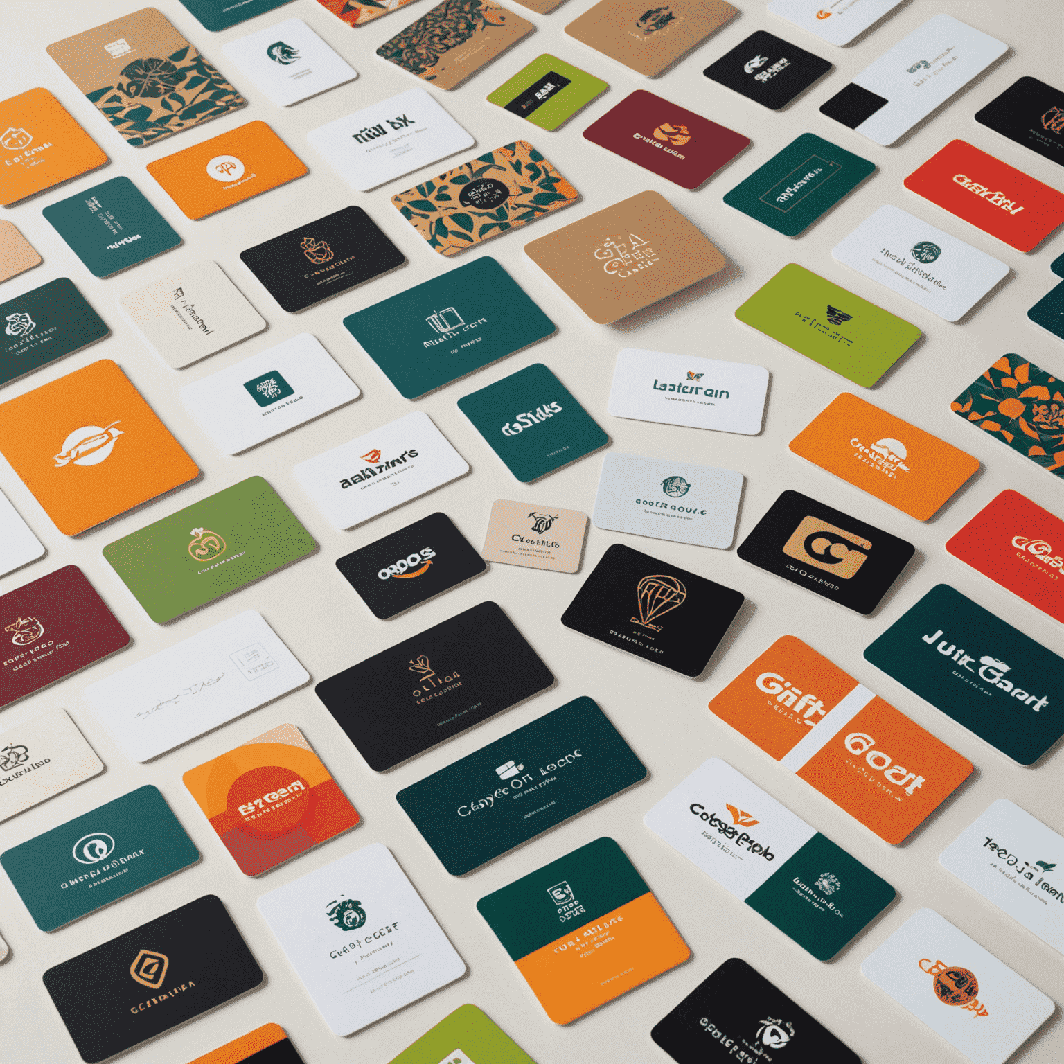A collection of various gift cards spread out on a white surface, showcasing different designs and brands