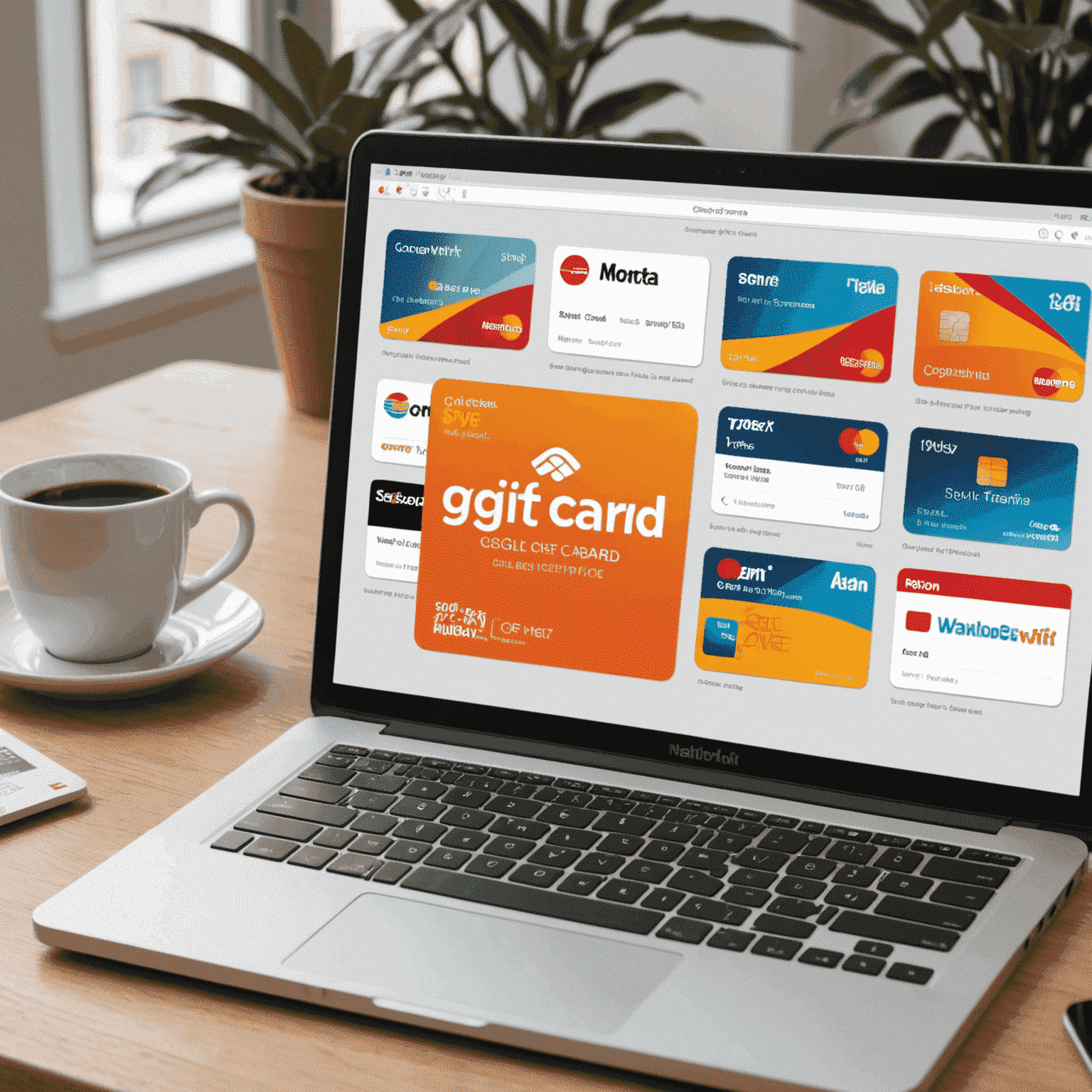 A laptop screen displaying multiple gift card options from various online platforms