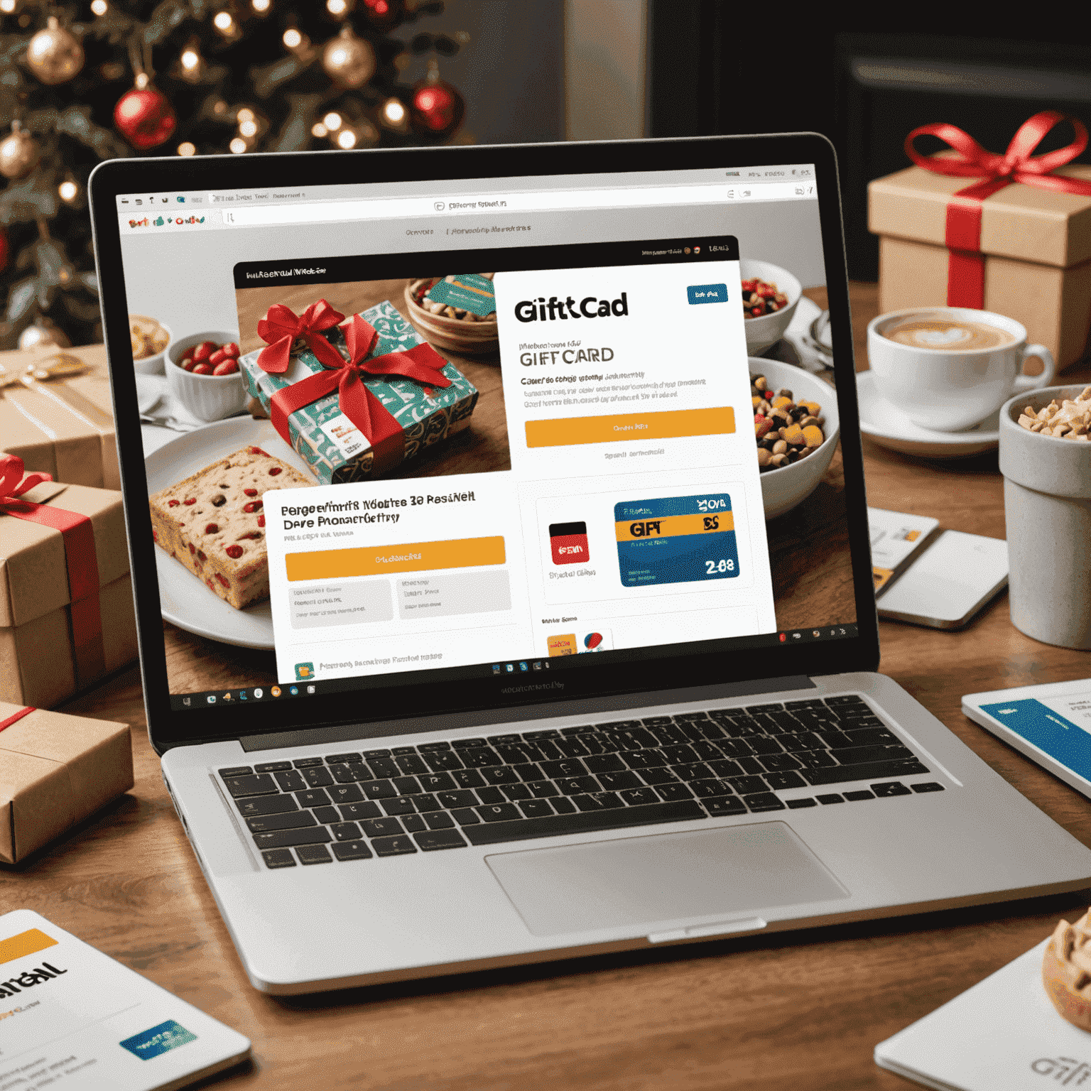 A laptop screen displaying multiple gift card purchasing websites, with a smartphone showing a gift card app