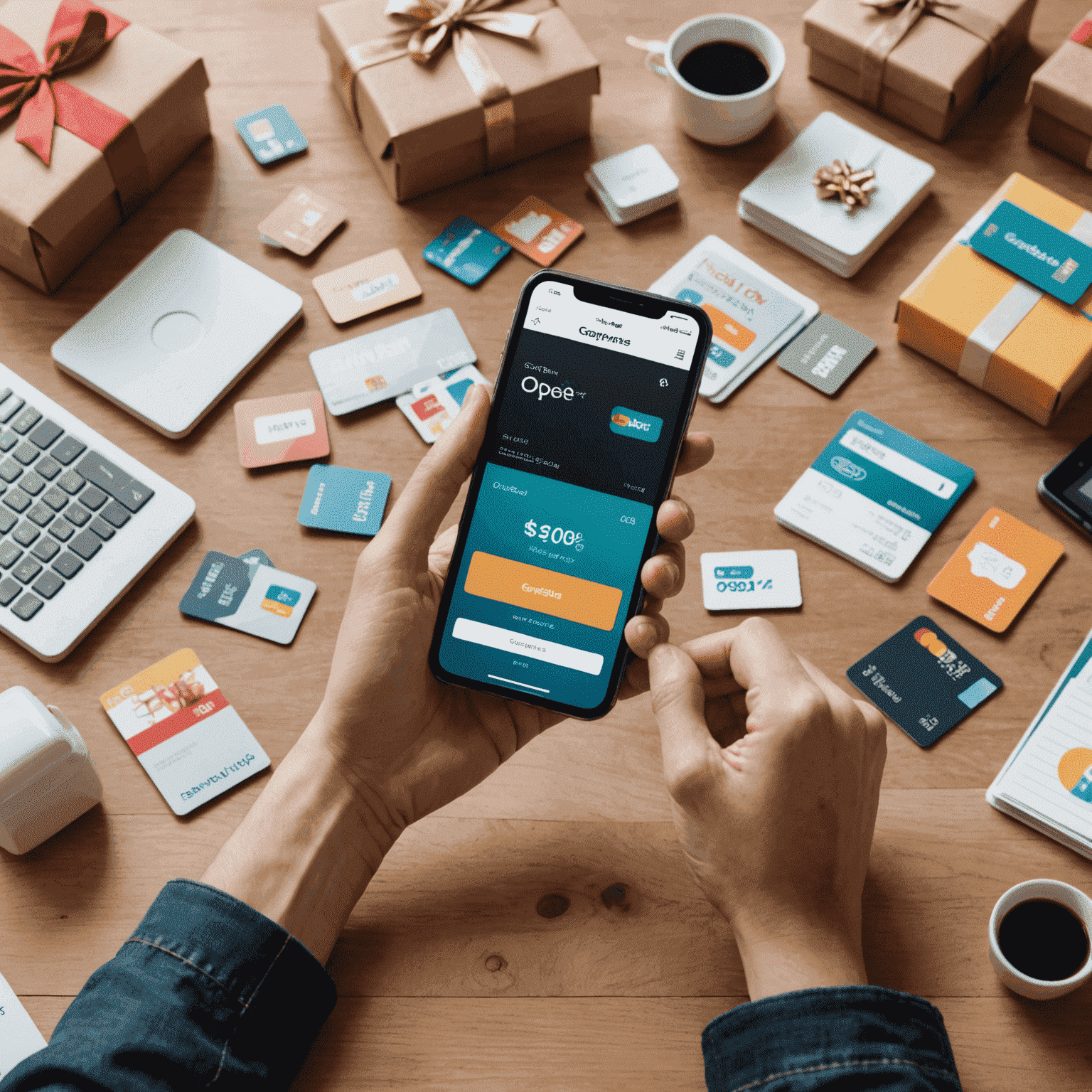 A person holding a smartphone with a gift card savings app open, surrounded by various gift cards and a calculator