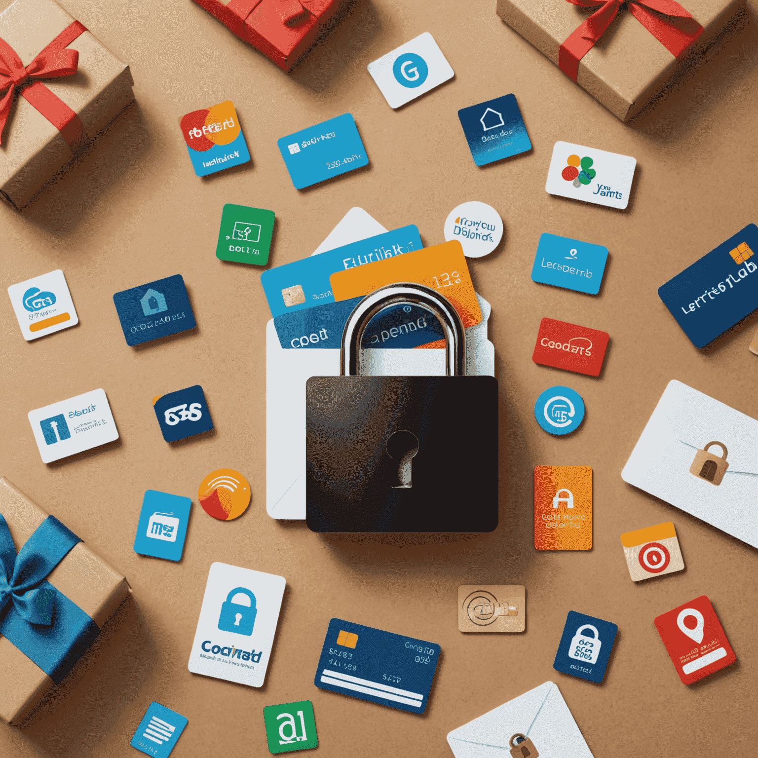 A digital lock icon overlaying a collection of gift cards, symbolizing digital security measures