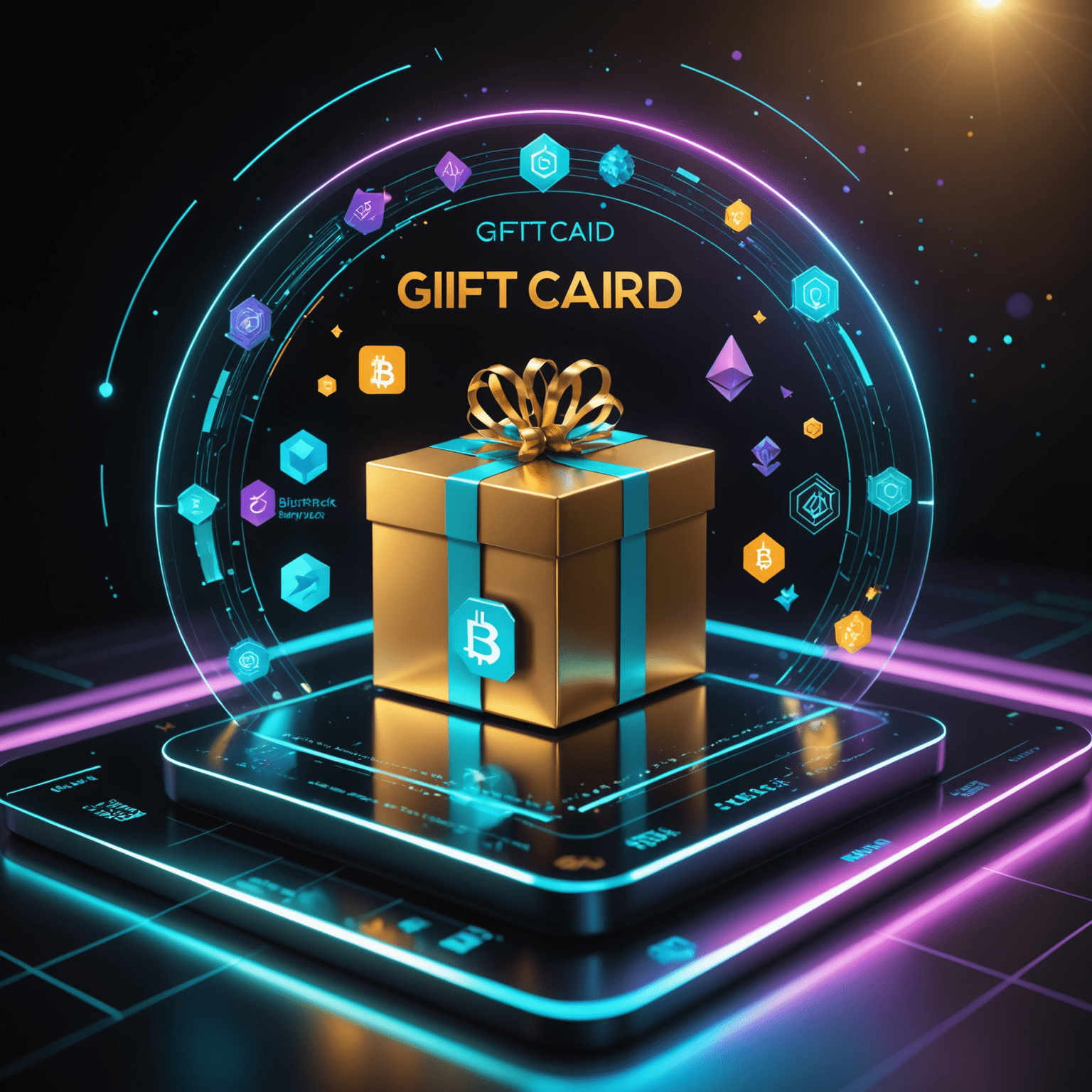 Futuristic holographic display showing gift card designs and cryptocurrency symbols
